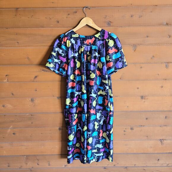 Vintage Anthony Richards Rainbow Cat Mumu House Dress Kitty Short Sleeve Midi M - Picture 2 of 5